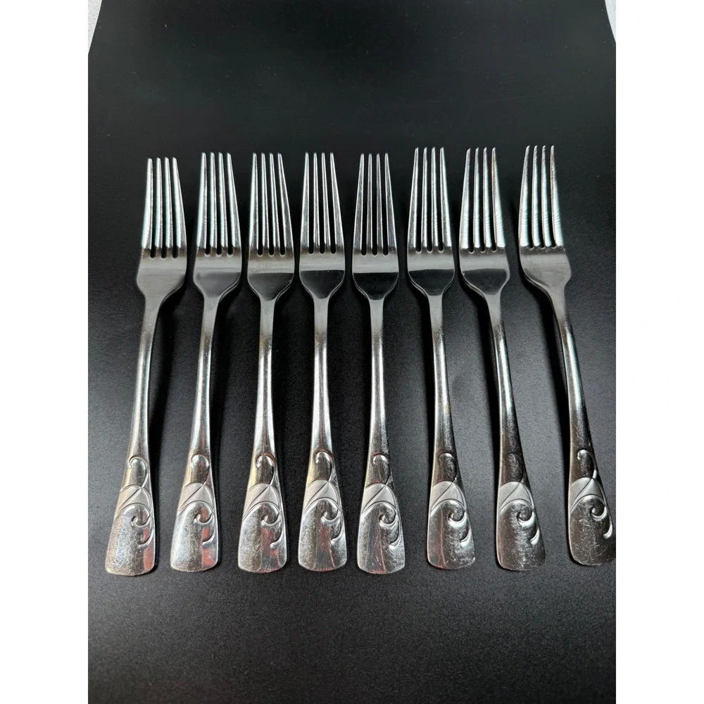 Oneida Serif Stainless Steel Salad Forks Set of 8 Scroll Pattern Flatware
